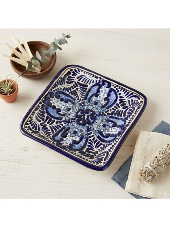 arte La Mexicana Other - Vintage Talavera Mexican Pottery Square Plate Cobalt Blue White Signed 7.5"